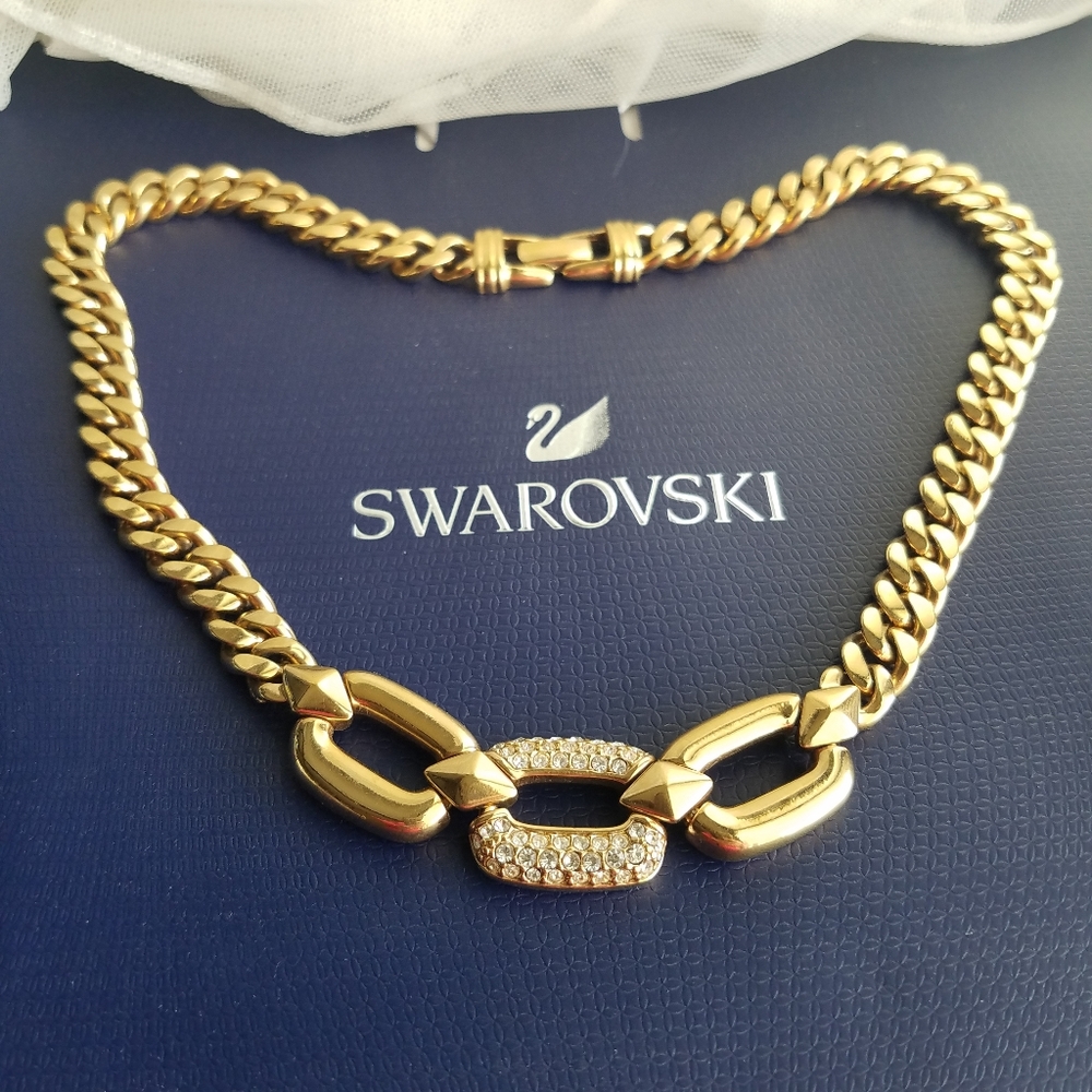 AUTHENTIC Swarovski 18k Gold Plated Chunky Chain Vintage Link Necklace - Picture 10 of 17